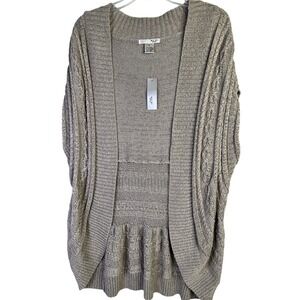 WD·NY Open Front Cardigan Women 3X Taupe Cable Knit Ruffle Hem Boho Sweater NEW